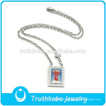 TKB-JN0092 Religious metal decorated with christ child and cross rectangle shape silver pendant Stainless Steel nacklace